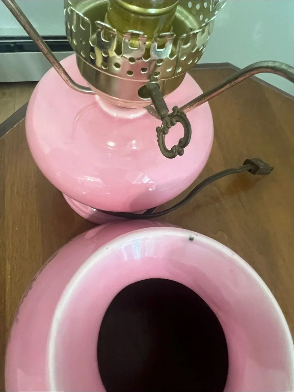 Vintage Pink Ceramic GWTW type 3-way Lamp with Floral Details-Electric-Pair